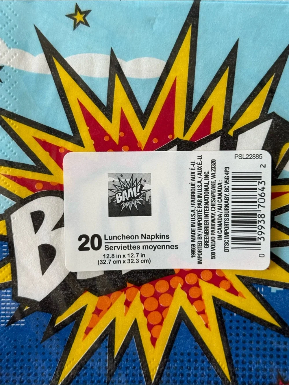 Comic Book superhero birthday Party Plates & Napkins Bright Blue POW! BAM! ZAP!